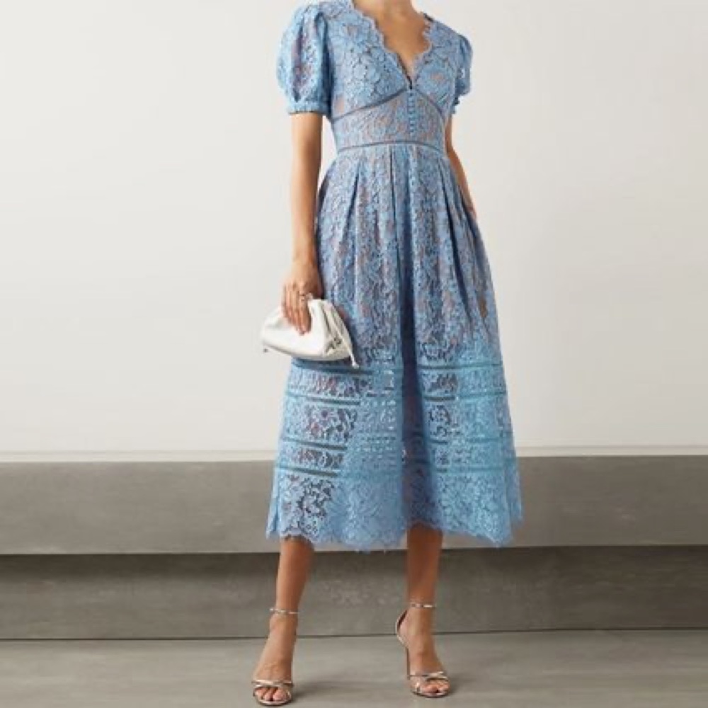 self-portrait Blue Fine Cord Lace Midi Dress